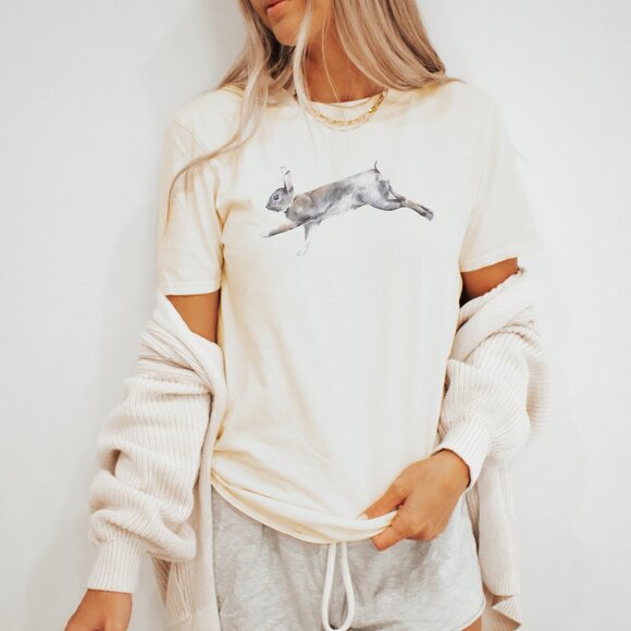 Leaping Bunny Graphic T Shirt Watercolor Rabbit Nature Animal Art Tee - Picture 3 of 6